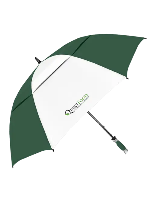Dark Green/White Vented Typhoon Tamer Golf Umbrella w/Quest Food Logo