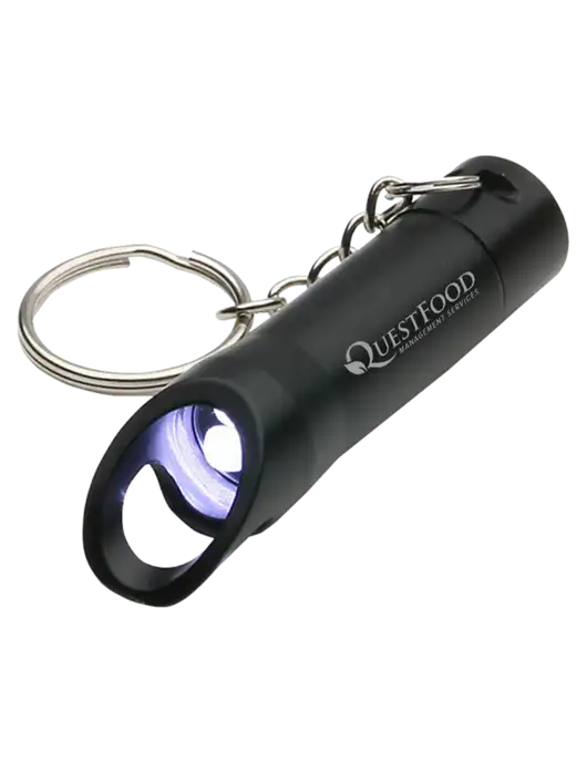 Black Pocket LED Flashlight with Bottle Opener & Keychain w/Quest Food Logo
