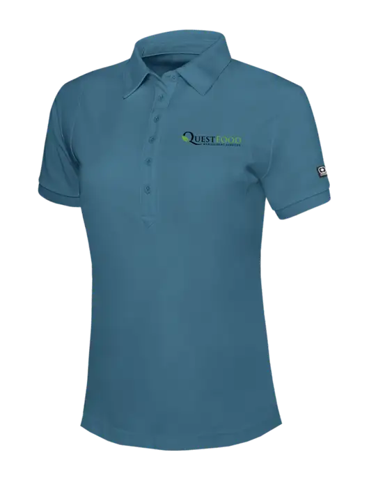 OGIO Womens Light Slate Blue Jewel Polo w/Quest Food Logo