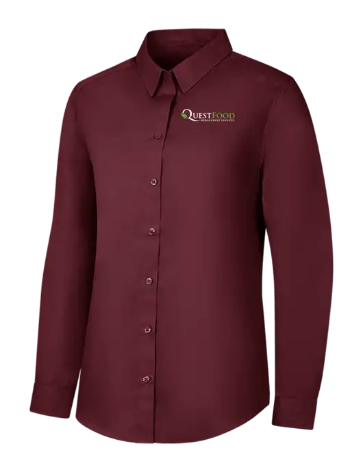 Womens Maroon Long Sleeve Carefree Poplin Shirt w/Quest Food Logo