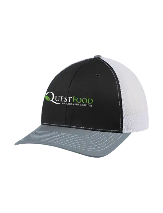 Richardson Adjustable Snapback Original 112 Trucker Cap Black/Light Heather Grey/White Mesh w/Quest Food Logo