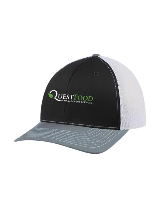 Richardson Adjustable Snapback Original 112 Trucker Cap Black/Light Heather Grey/White Mesh w/Quest Food Logo