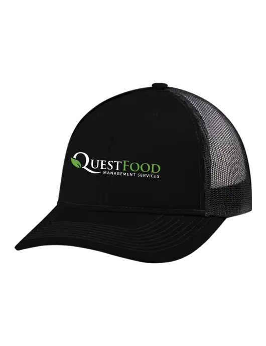 Snapback Ponytail Trucker Cap Black w/Black Mesh w/Quest Food Logo