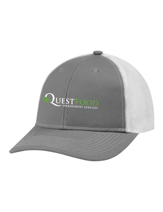 Snapback Ponytail Trucker Cap Light Medium Heather Grey w/White Mesh w/Quest Food Logo