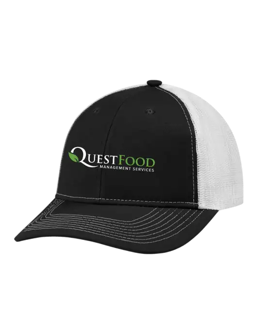 Snapback Ponytail Trucker Cap Black w/White Mesh w/Quest Food Logo