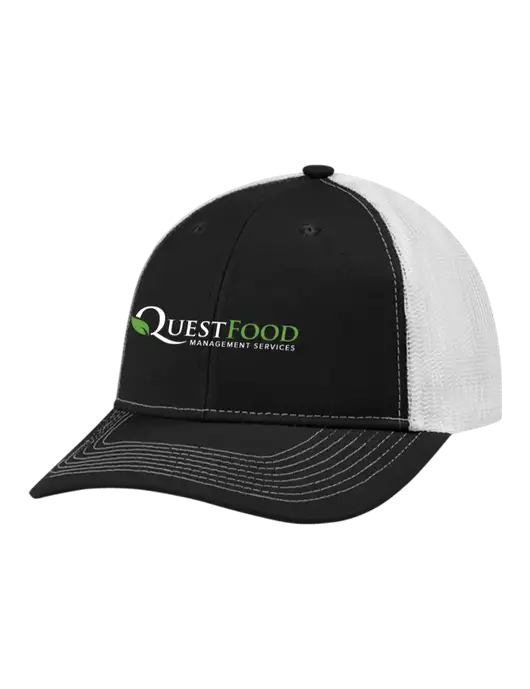 Snapback Ponytail Trucker Cap Black w/White Mesh w/Quest Food Logo