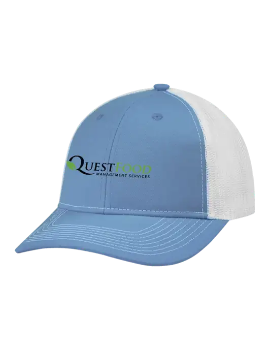 Snapback Ponytail Trucker Cap Carolina Blue w/White Mesh w/Quest Food Logo