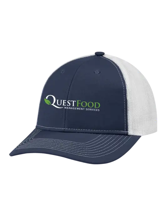 Snapback Ponytail Trucker Cap Navy w/White Mesh w/Quest Food Logo