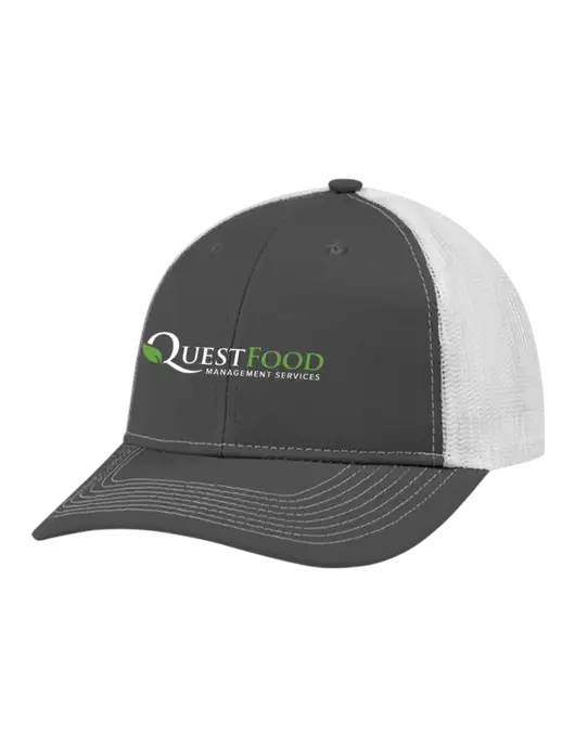 Snapback Ponytail Trucker Cap Dark Grey w/White Mesh w/Quest Food Logo
