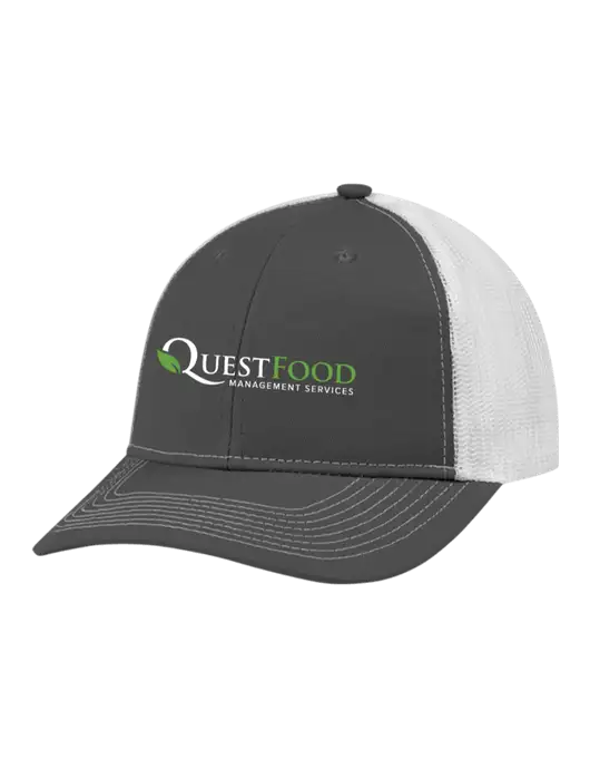 Snapback Ponytail Trucker Cap Dark Grey w/White Mesh w/Quest Food Logo