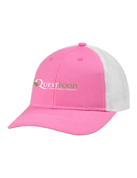 Snapback Ponytail Trucker Cap Pink/White Mesh w/Quest Food Logo