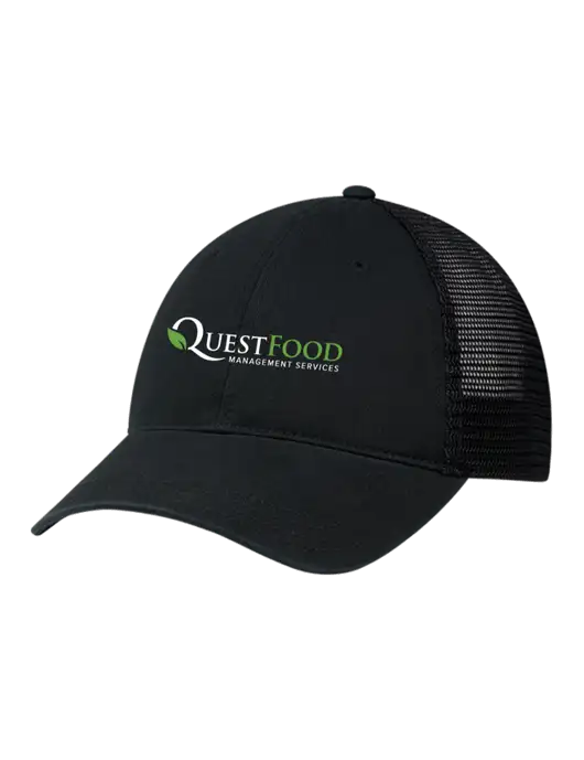 Richardson 111 Garment Washed Trucker Cap Black w/Black Mesh w/Quest Food Logo