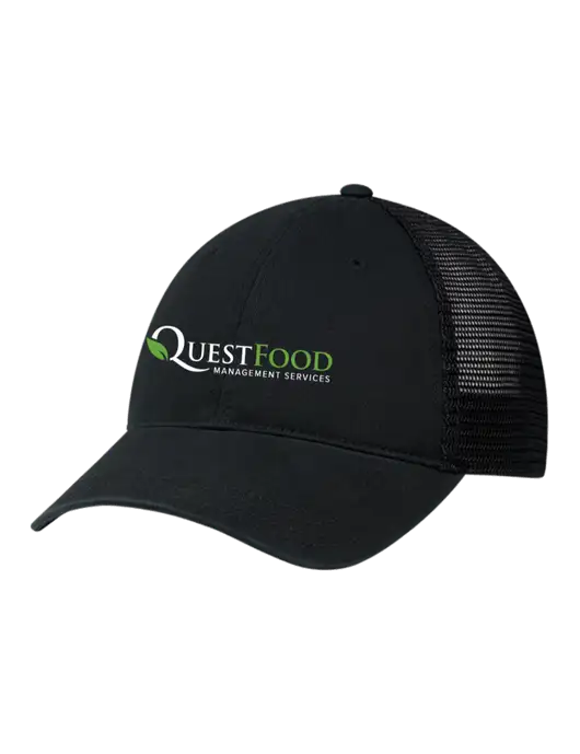 Richardson 111 Garment Washed Trucker Cap Black w/Black Mesh w/Quest Food Logo