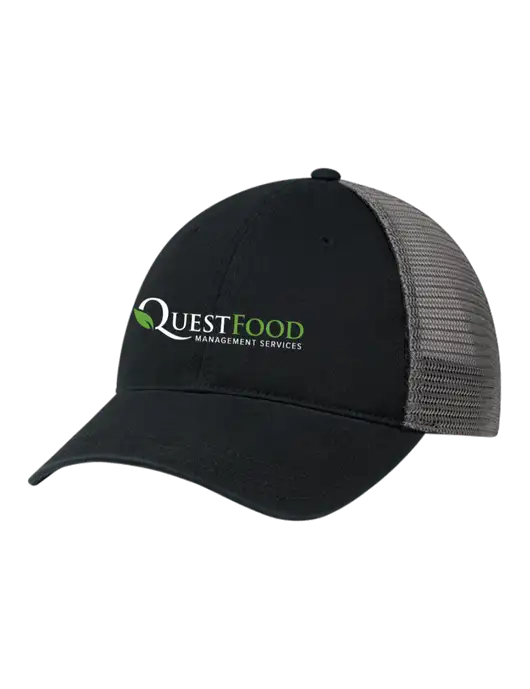 Richardson 111 Garment Washed Trucker Cap Black w/Charcoal Mesh w/Quest Food Logo