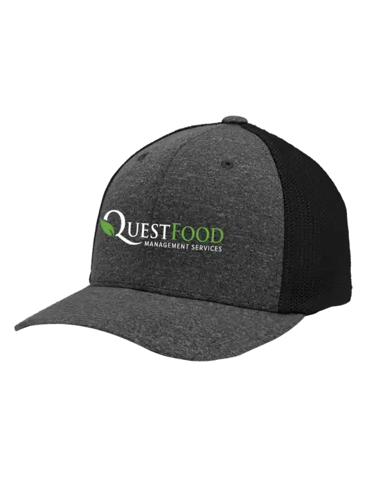 Flexfit Black/Dark Charcoal Heather Melange Mesh Back Trucker Cap w/Quest Food Logo