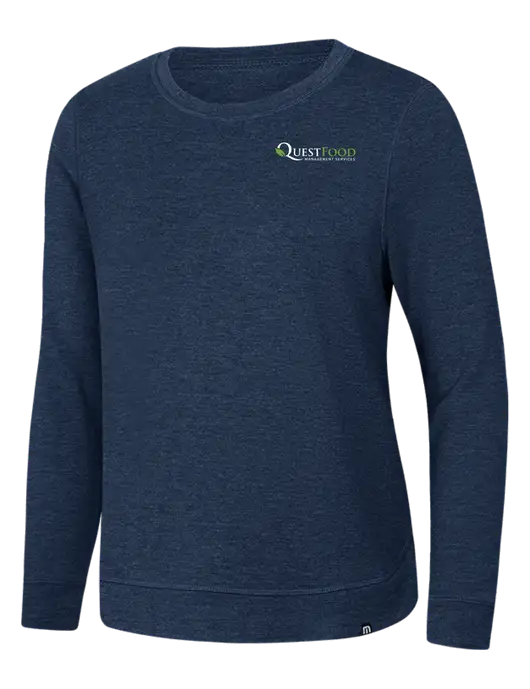 TravisMathew Womens Dark Slate Blue Heather Lightweight Long Weekend Crew w/Quest Food Logo