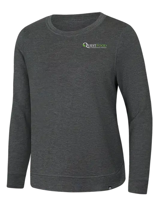 TravisMathew Womens Dark Grey Heather Lightweight Long Weekend Crew w/Quest Food Logo
