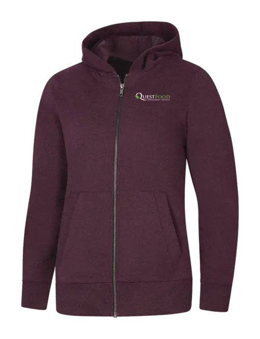 Womens Maroon Heather Re-Fleece Full-Zip Hoodie w/Quest Food Logo