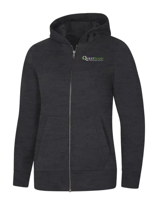 Womens Charcoal Heather Re-Fleece Full-Zip Hoodie w/Quest Food Logo