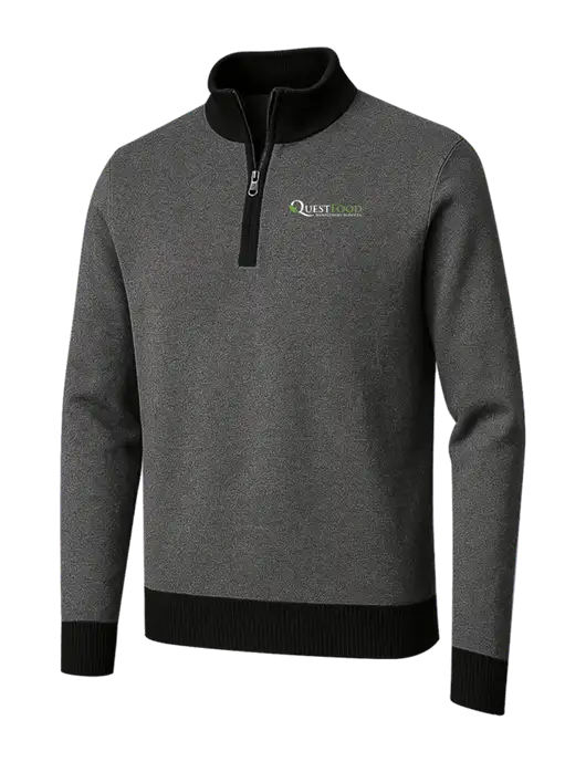Brooks Brothers Black/Dark Grey Washable Merino Birdseye 1/4-Zip Sweater w/Quest Food Logo