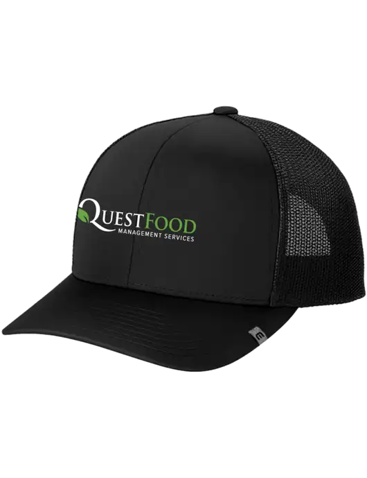 TravisMathew Black Cruz Trucker Cap w/Quest Food Logo
