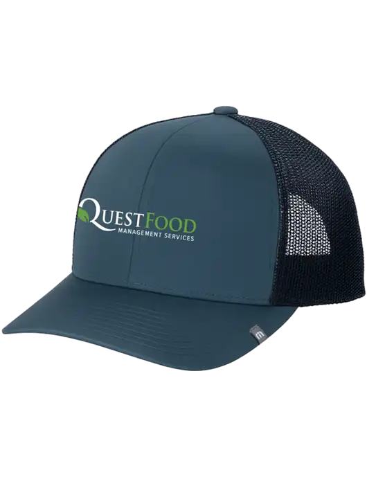 TravisMathew Dark Slate Blue Cruz Trucker Cap w/Quest Food Logo