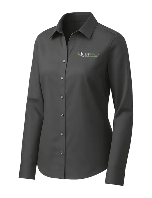 Brooks Brothers Womens Dark Grey Wrinkle-Free Stretch Pinpoint Shirt w/Quest Food Logo