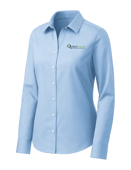 Brooks Brothers Womens Light Blue Wrinkle-Free Stretch Pinpoint Shirt w/Quest Food Logo