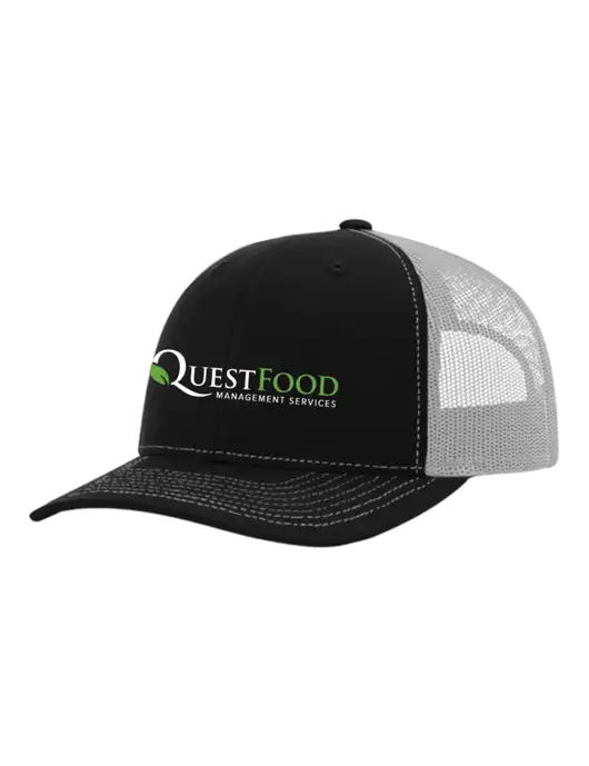 Richardson Adjustable Snapback Original 112 Trucker Cap Black w/White Mesh w/Quest Food Logo