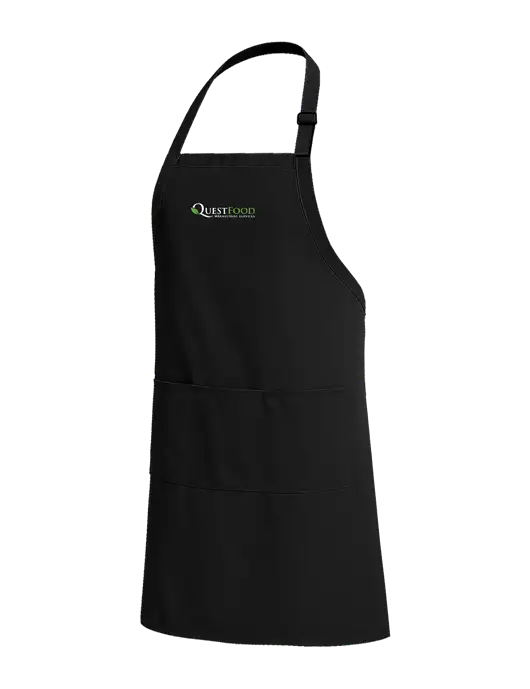 Easy Care Extra Long Bib Black Apron with Stain Release w/Quest Food Logo