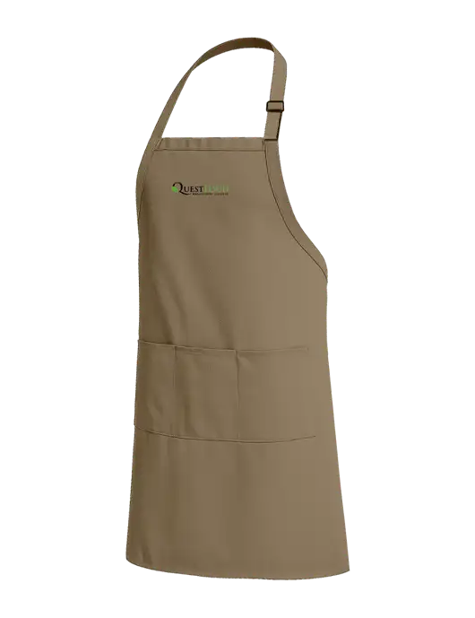 Easy Care Extra Long Bib Dark Tan Apron with Stain Release w/Quest Food Logo