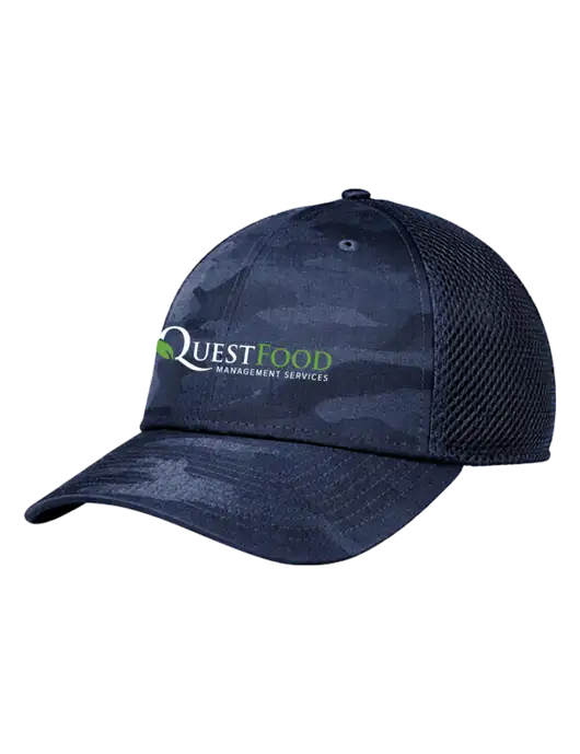New Era Tonal Navy Camo Stretch Tech Mesh Cap w/Quest Food Logo