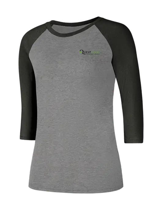 Womens Simply Soft 3/4 Sleeve Black Frost/Grey Frost Ring Spun Cotton T-Shirt w/Quest Food Logo