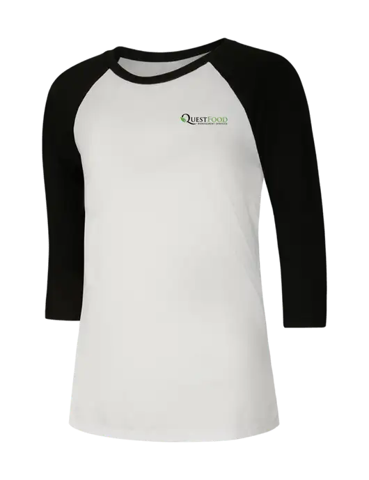 Womens Simply Soft 3/4 Sleeve Black/White Ring Spun Cotton T-Shirt w/Quest Food Logo