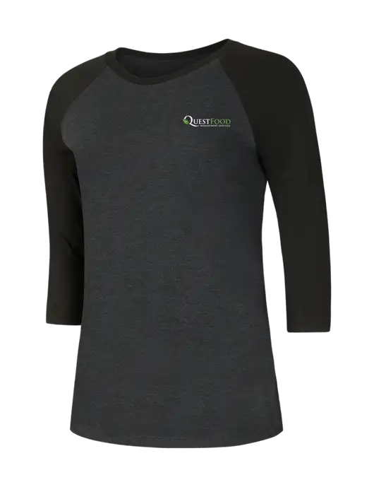 Womens Simply Soft 3/4 Sleeve Black/Black Frost Ring Spun Cotton T-Shirt w/Quest Food Logo