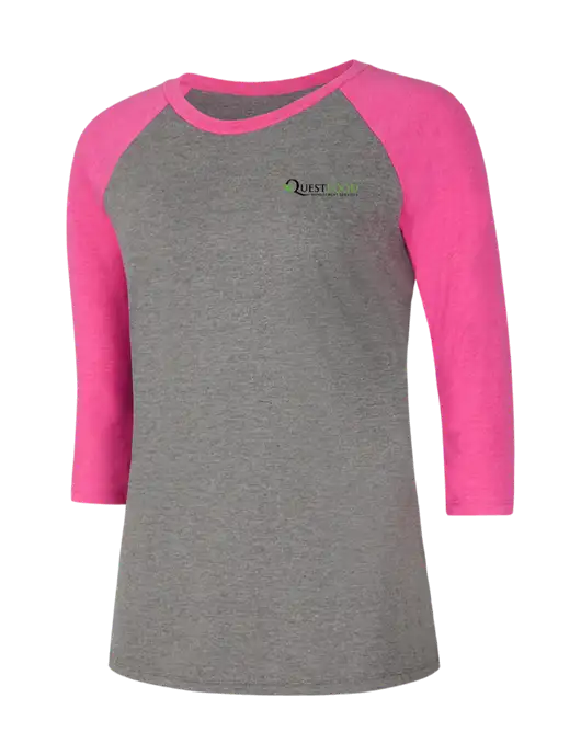 Womens Simply Soft 3/4 Sleeve Fuchsia Frost/Grey Frost Ring Spun Cotton T-Shirt w/Quest Food Logo