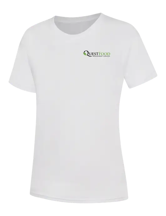 Womens White Core Blend Tee w/Quest Food Logo