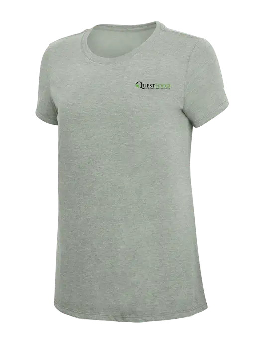 Womens Simply Soft Heathered Light Grey 4.5oz Poly/Combed Ring Spun Cotton T-Shirt w/Quest Food Logo
