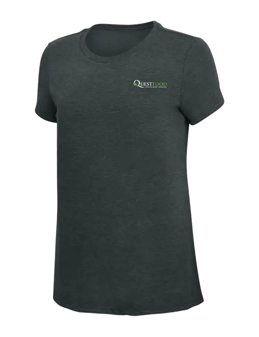 Womens Simply Soft Black Frost 4.5oz Poly/Combed Ring Spun Cotton T-Shirt w/Quest Food Logo