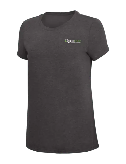 Womens Simply Soft Heather Charcoal 4.5oz  Poly/Combed Ring Spun Cotton T-Shirt w/Quest Food Logo