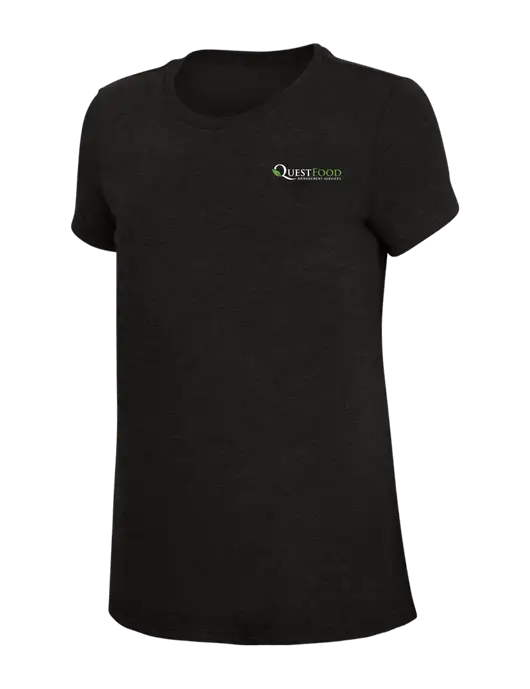 Womens Simply Soft Black 4.5oz Poly/Combed Ring Spun Cotton T-Shirt w/Quest Food Logo