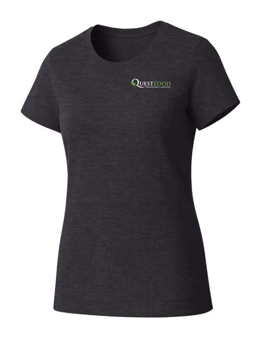 Womens Seriously Soft Heathered Charcoal T-Shirt w/Quest Food Logo