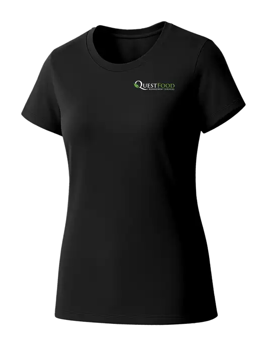 Womens Seriously Soft Black T-Shirt w/Quest Food Logo