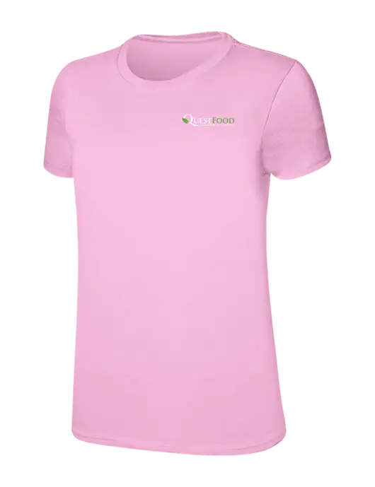 Womens Ring Spun Candy Pink 4.5 oz T-Shirt w/Quest Food Logo