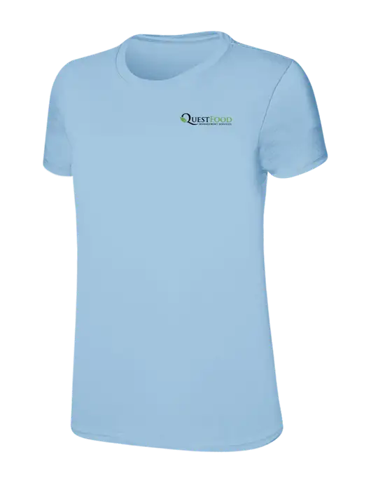 Womens Ring Spun Light Blue 4.5 oz T-Shirt w/Quest Food Logo