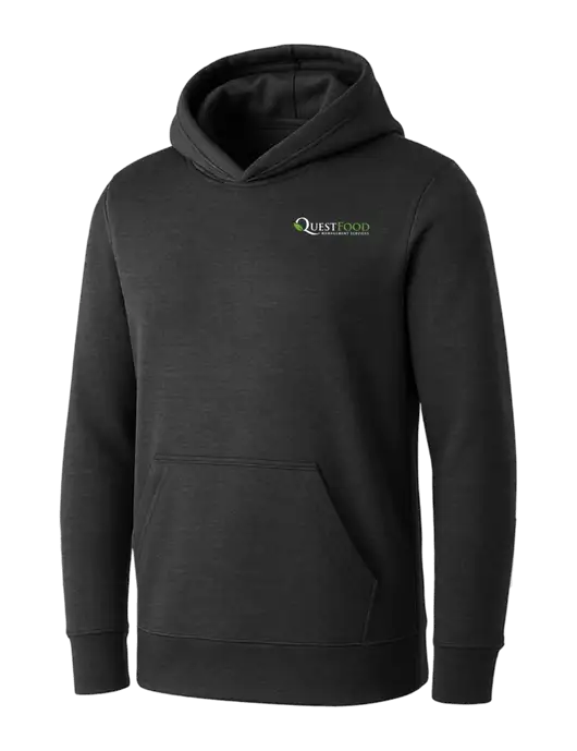 Womens Dark Grey Heather Core Fleece Pullover Hooded Sweatshirt w/Quest Food Logo