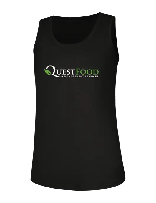 Womens Black Perfect Tri Racerback Tank w/Quest Food Logo
