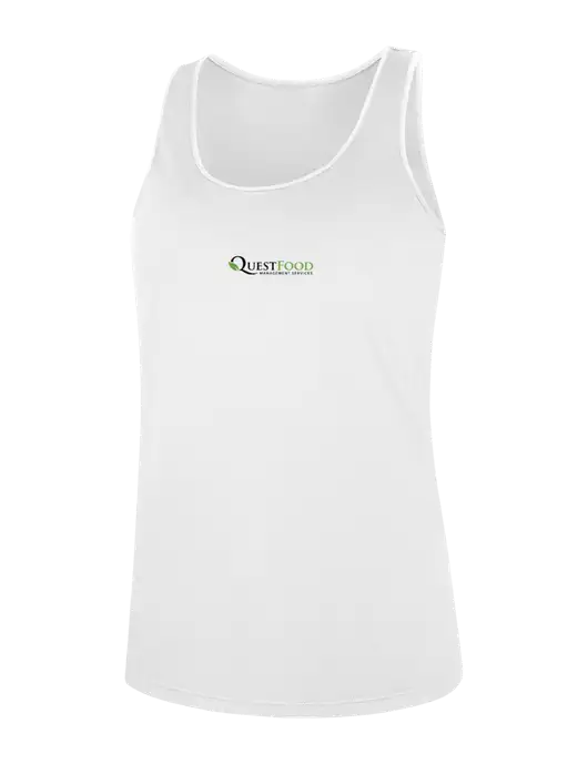 Womens White Perfect Tri Racerback Tank w/Quest Food Logo